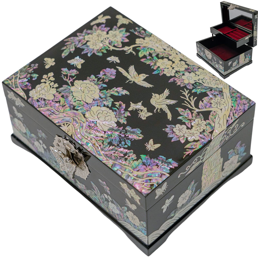 A decorative box with a floral and bird design, featuring iridescent accents and an ornate metal clasp.