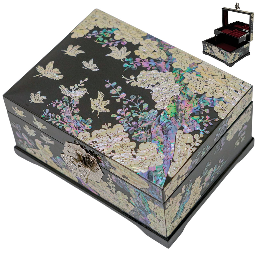 A rectangular jewelry box with a detailed, colorful floral and bird design, a metallic clasp on the front, and reflective, iridescent surfaces.