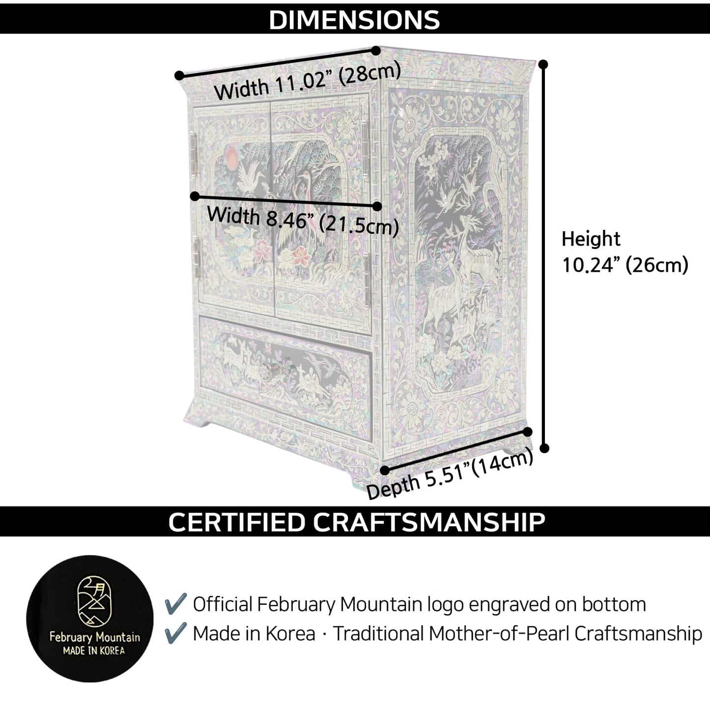 Korean Mother-of-Pearl Box Height 10.2, Top Width 11, Mid Width 8.5, Depth 5.5. Made in Korea by February Mountain