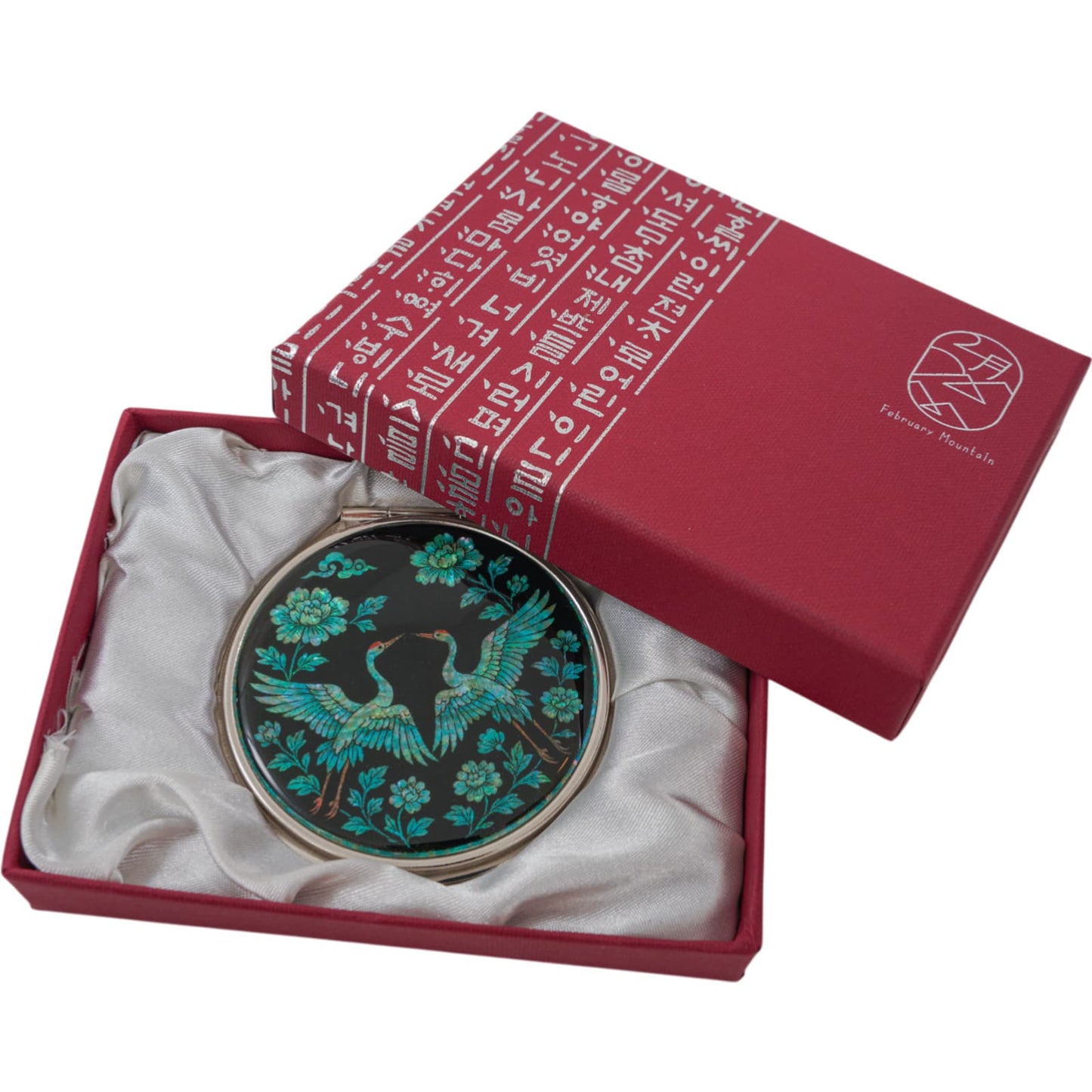 Korean crane mirror with black mother-of-pearl design in red gift box