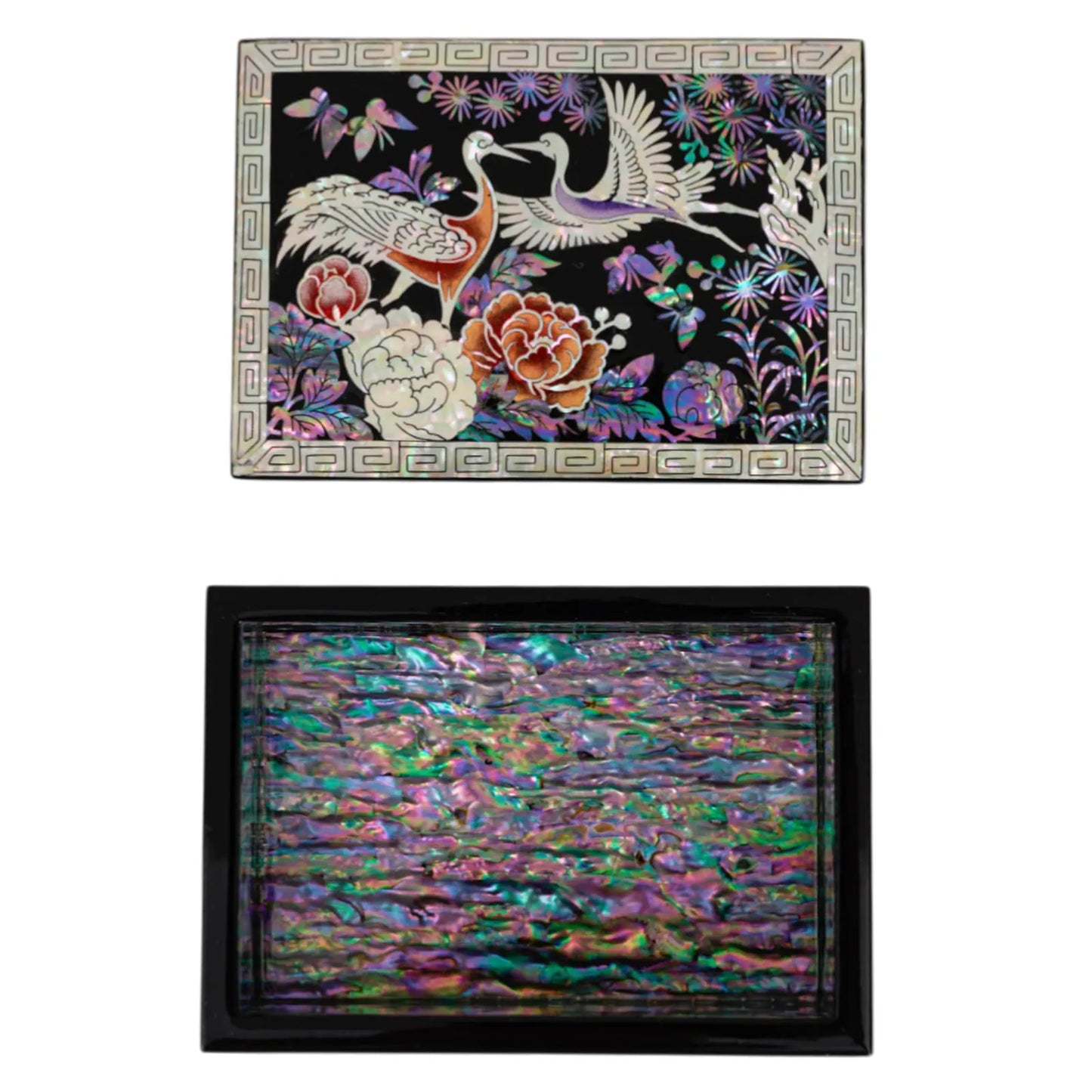 Mother-of-Pearl Trinket Box – Cranes & Peonies on Black Lacquer