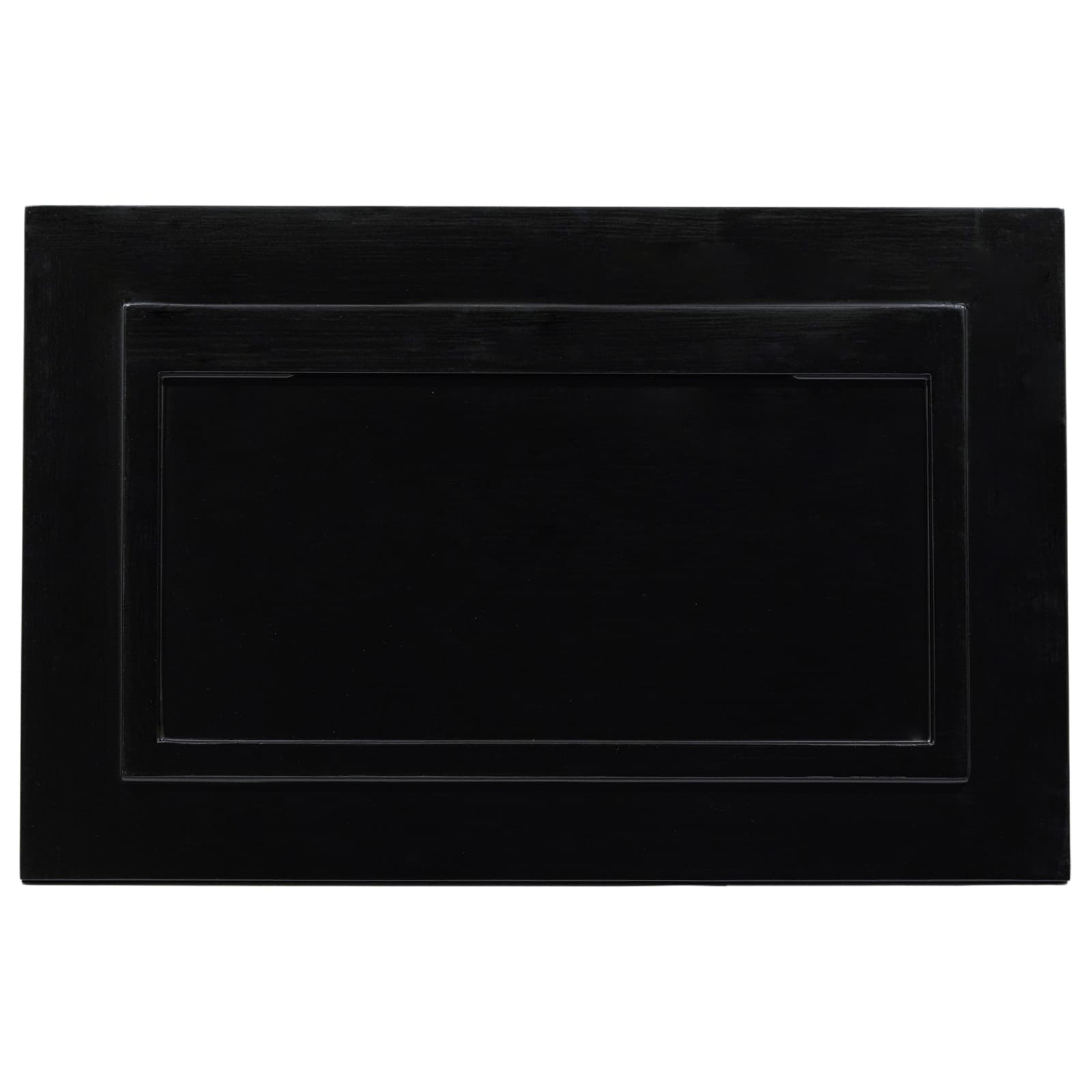 The backside of a sleek black frame, designed for wall mounting. The matte finish is consistent, and there's an indented rectangular section in the center. The design suggests a secure fit to hold artworks or photographs when displayed on a wall.
