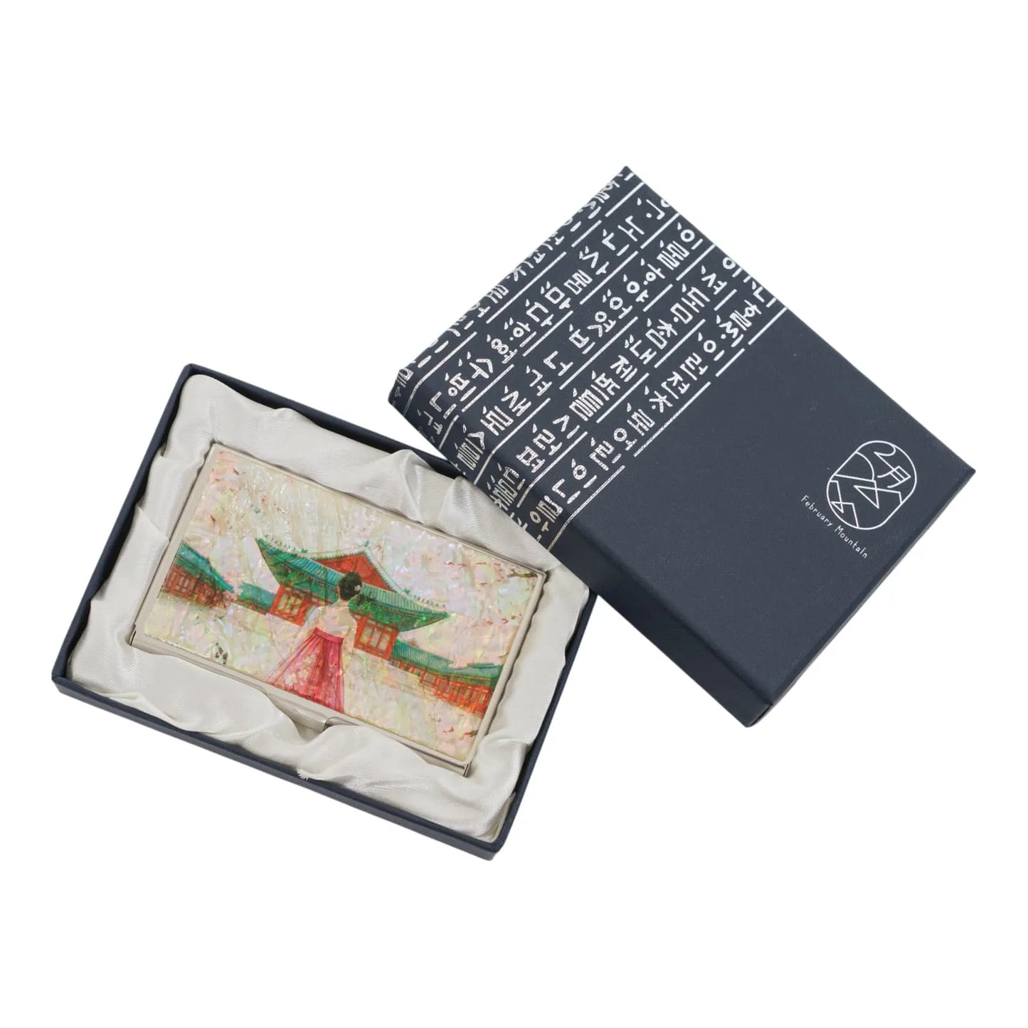 Mother-of-pearl card case in open gift box with Korean characters