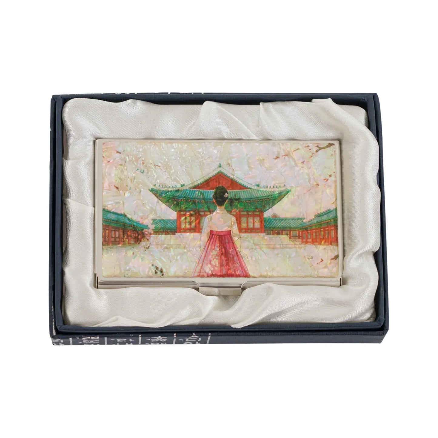 Mother-of-pearl card case with palace and woman in hanbok in gift box