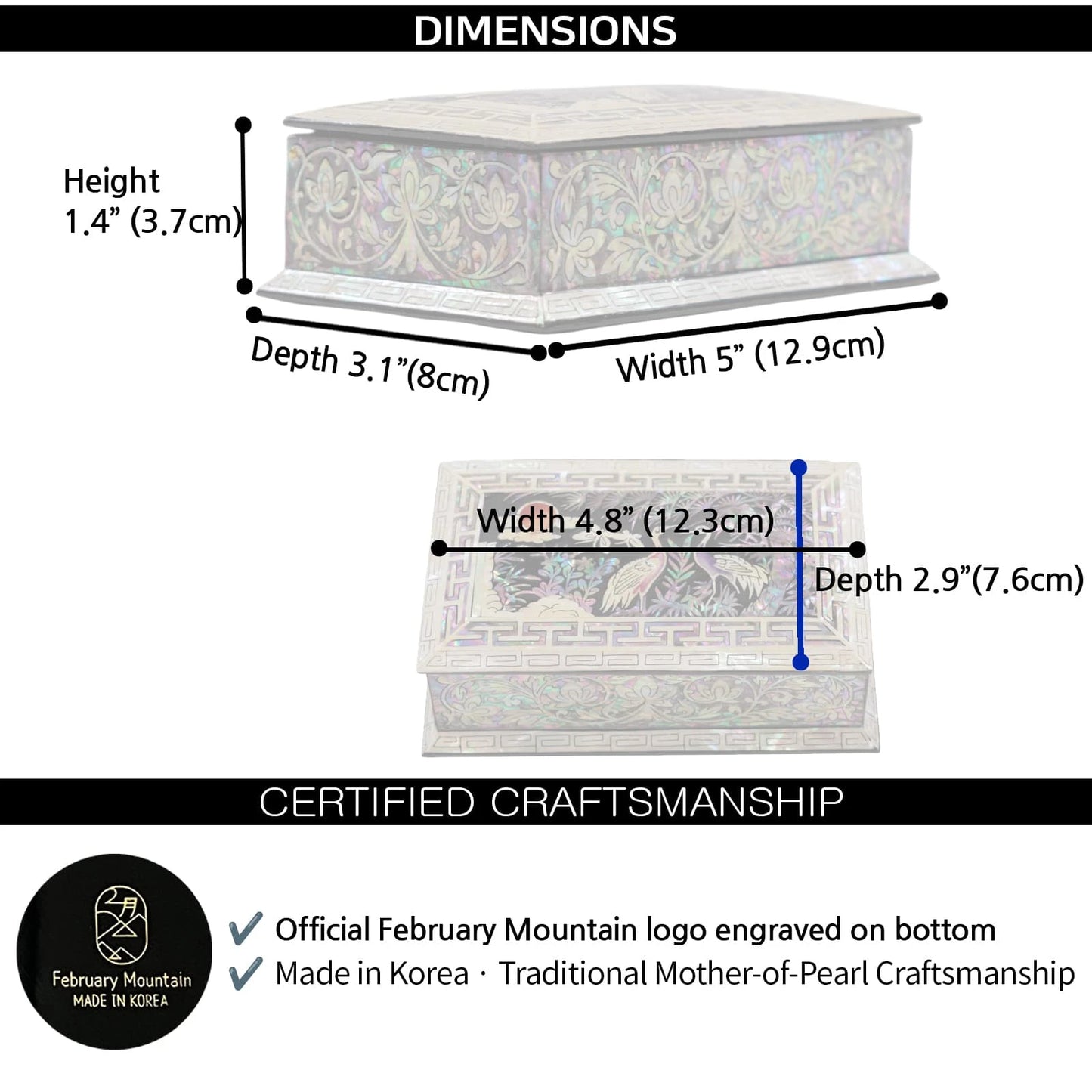 Mother-of-pearl inlay jewelry box with size diagram, showing width 5 inches, depth 3.1 inches, height 1.4 inches, made in Korea