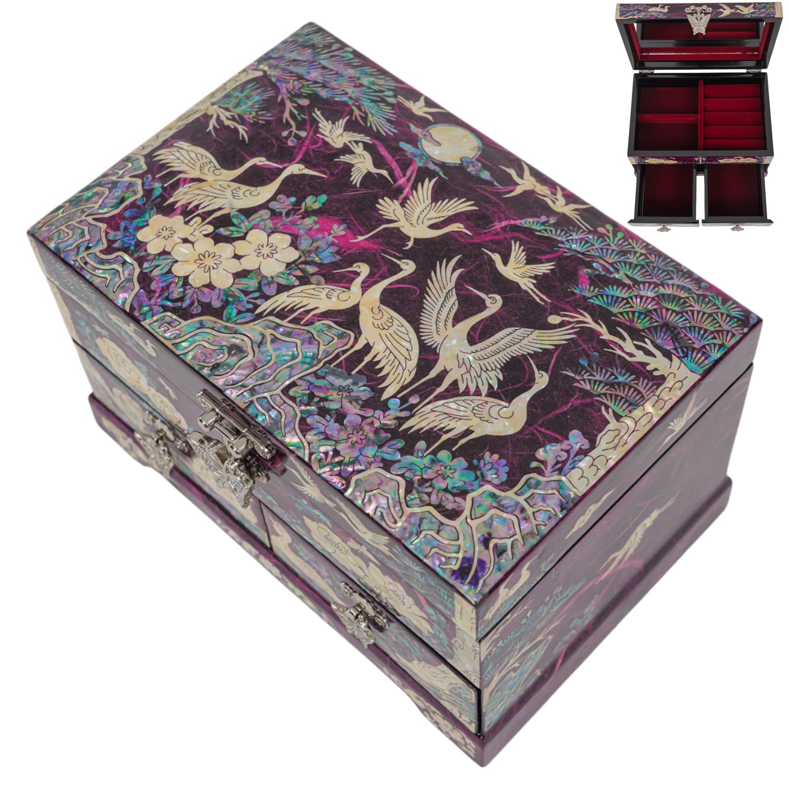 Mother-of-pearl jewelry box with cranes and floral design on deep purple background