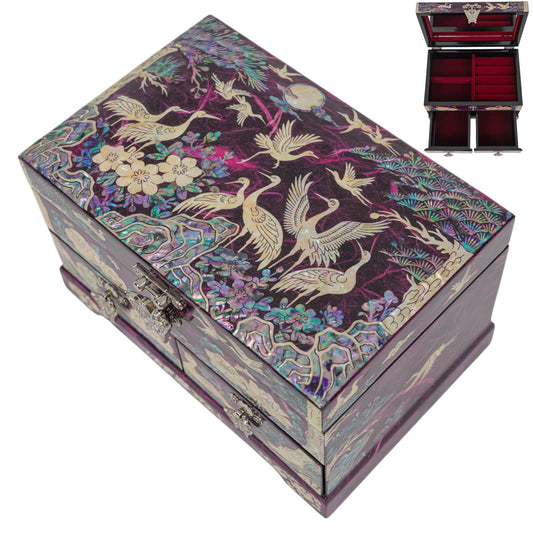 Mother-of-pearl jewelry box with cranes and floral design on deep purple background