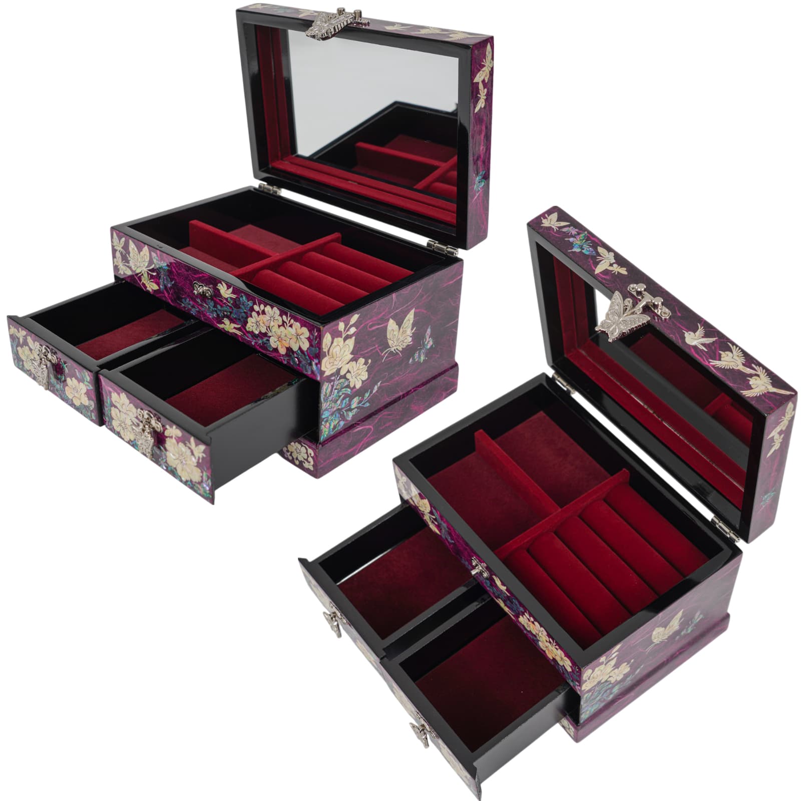 Mother-of-pearl jewelry box with mirror and velvet-lined compartments and drawers