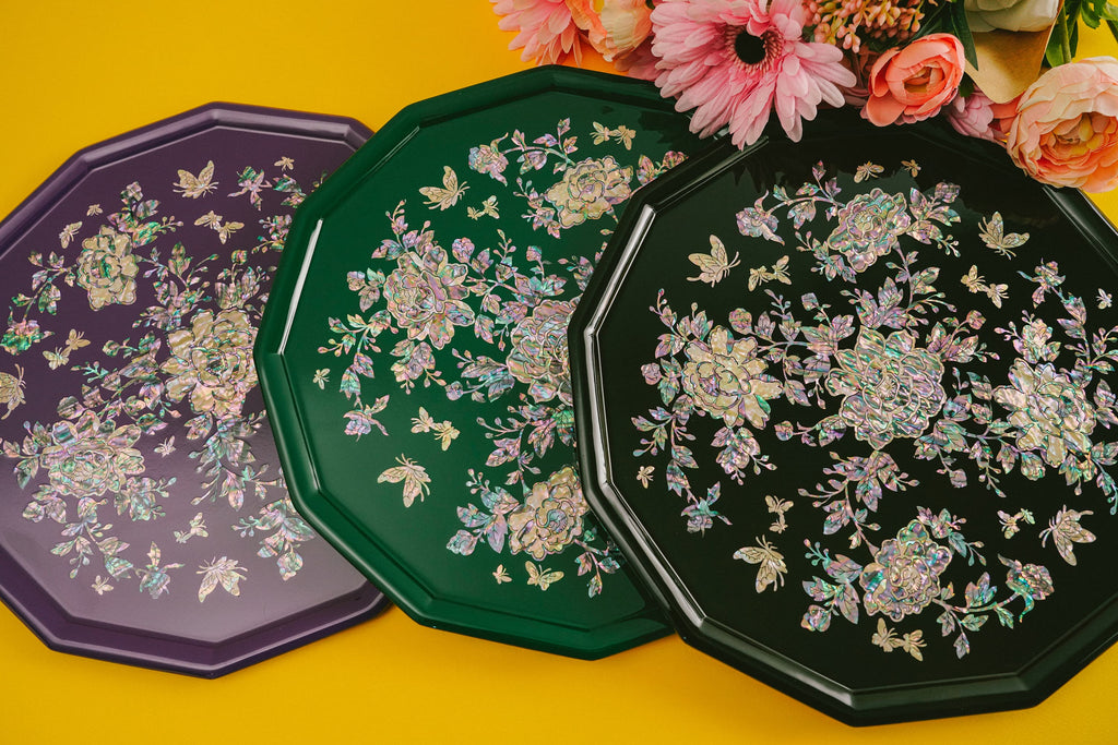 Beautiful Mother of Pearl Tray Peony flower design Black, Green and Purple Colors