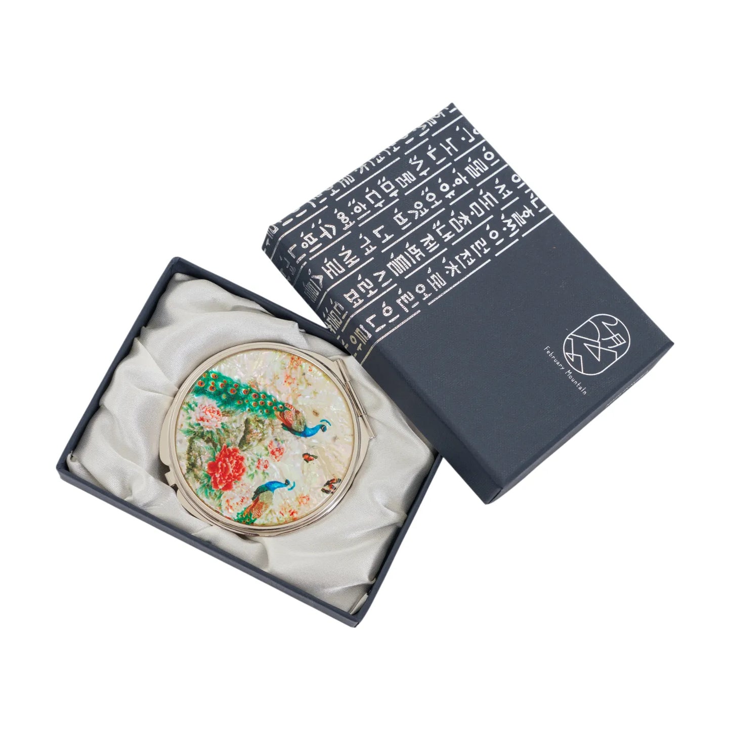 Mother‑of‑pearl peacock compact mirror in silk‑lined Korean gift box
