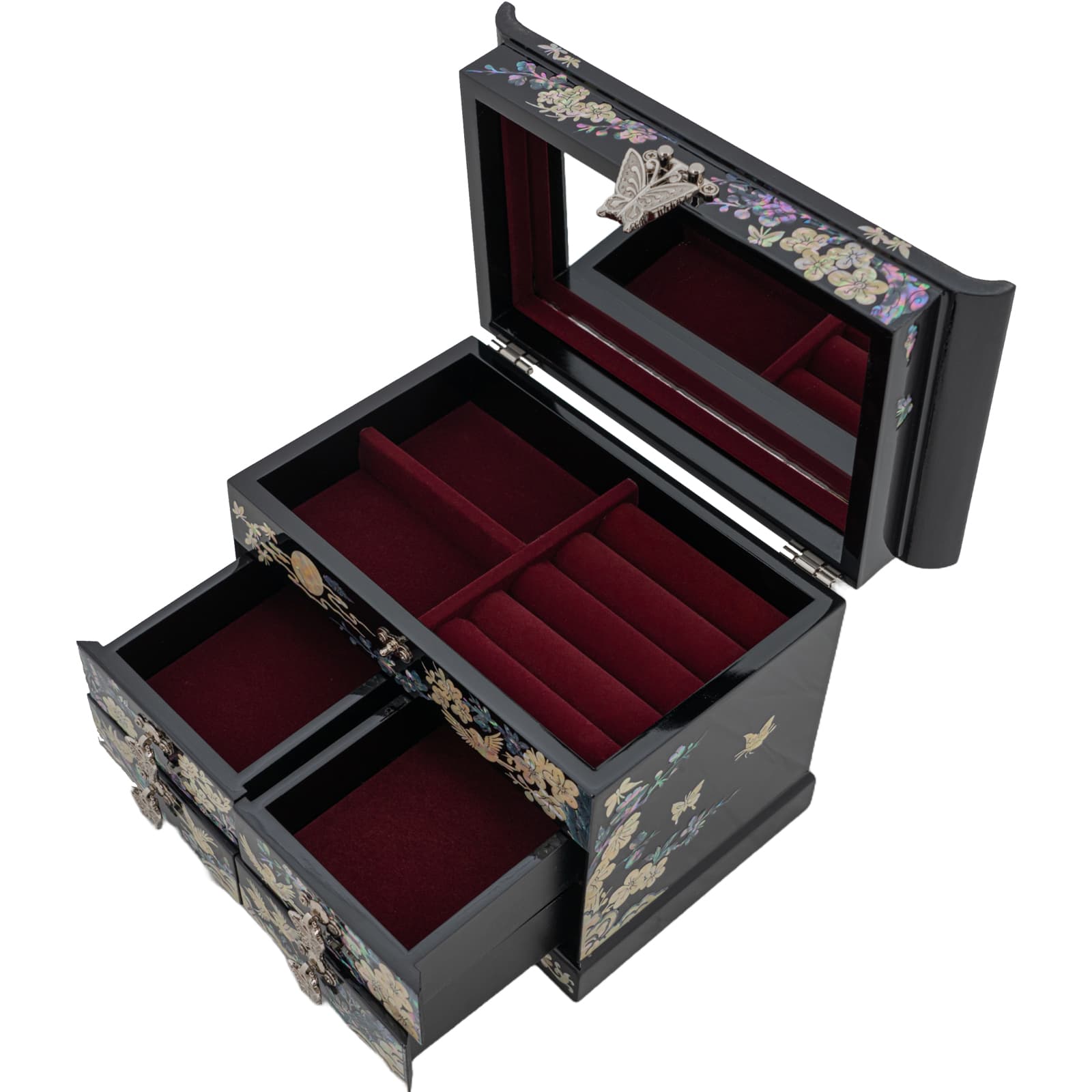 Multi-tiered jewelry box with open drawers, mirror, and mother-of-pearl designs on a black base.