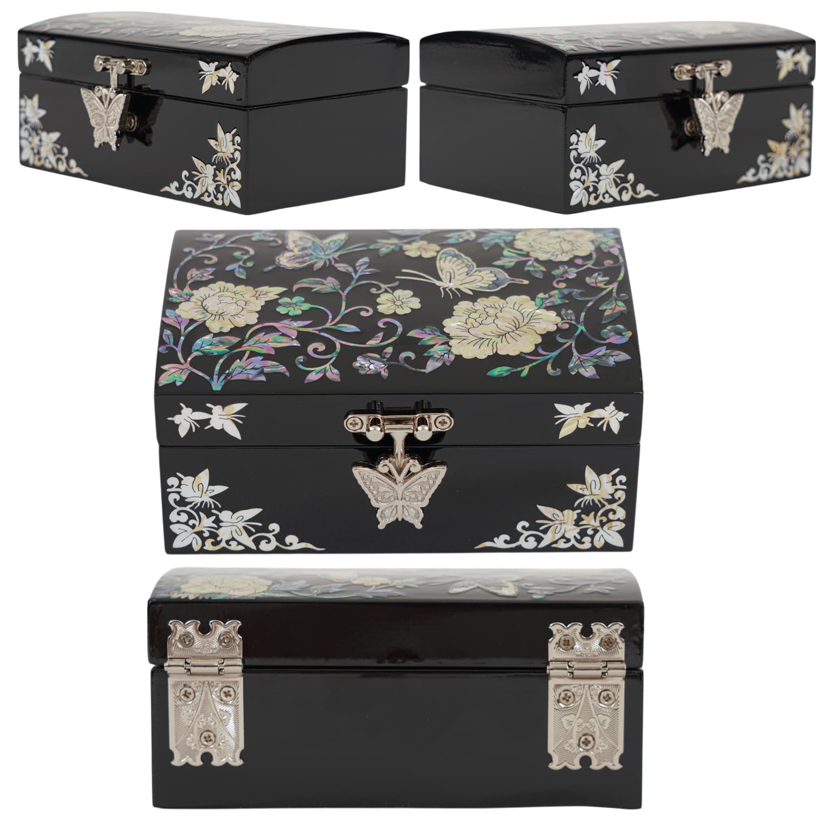 Multiple views of a black inlaid jewelry box with butterfly-shaped metal clasp