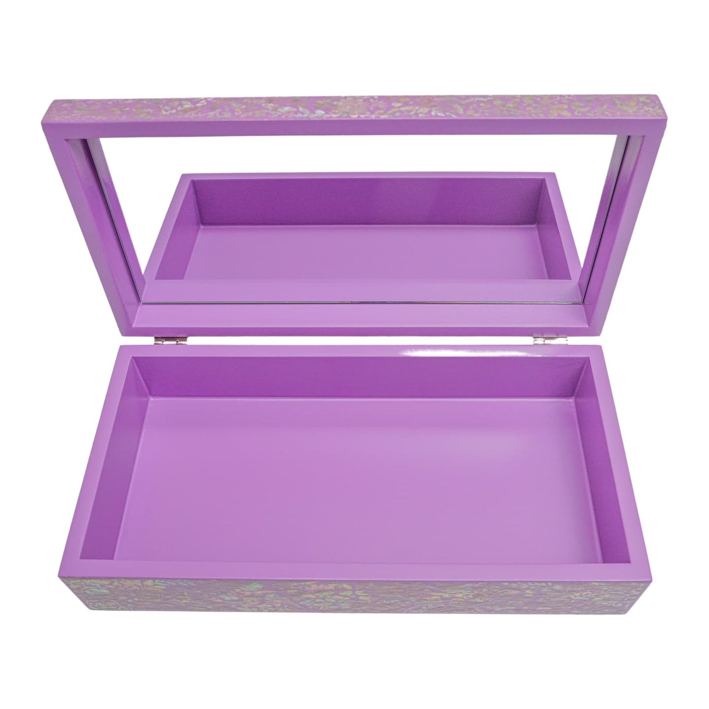 Open Purple jewelry box with mirror and spacious single compartment