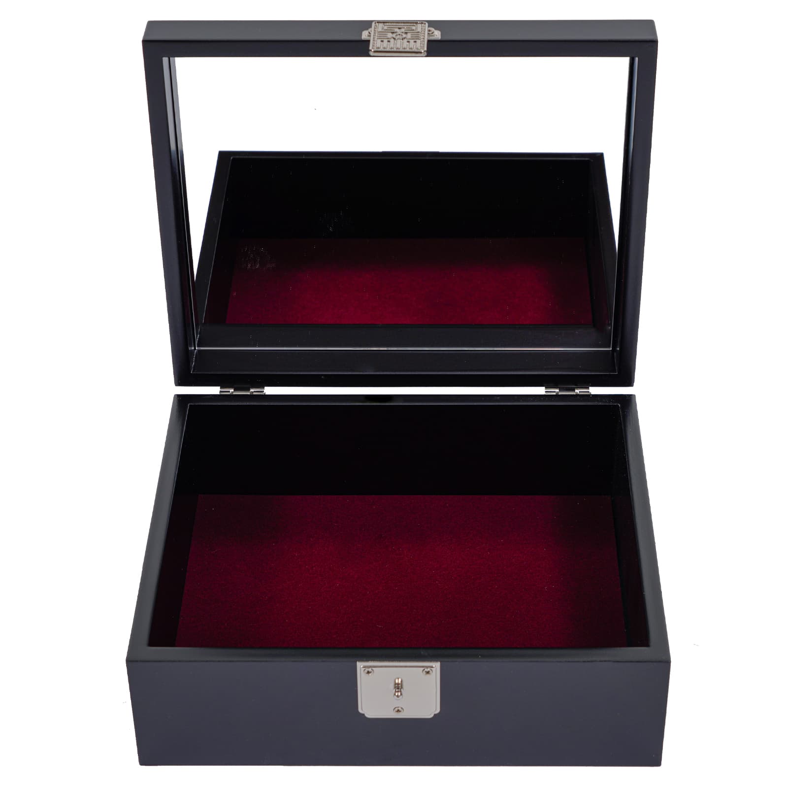 Open black jewelry box with burgundy velvet lining and built-in mirror on the inside of the lid