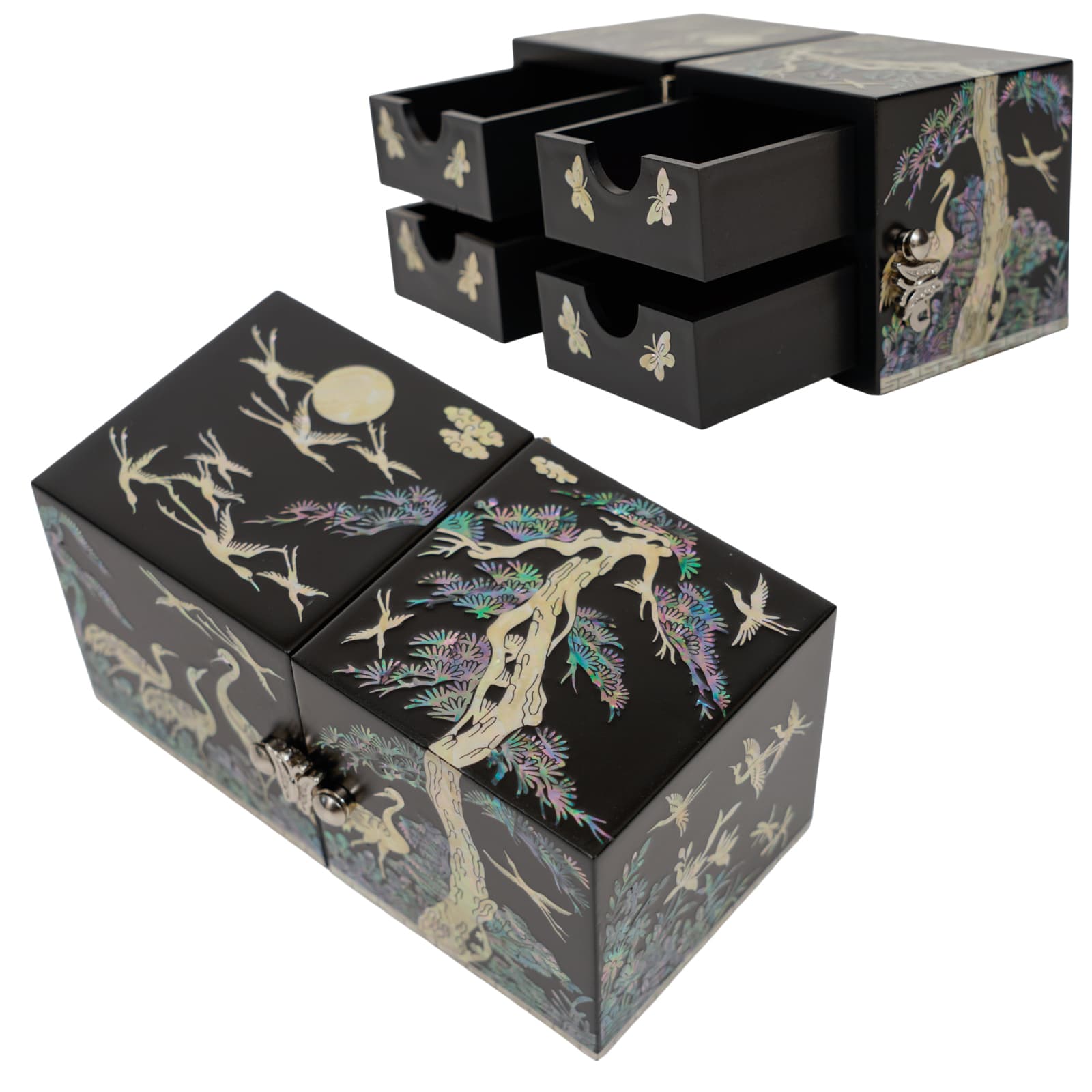 Open black lacquer jewelry box with mother-of-pearl cranes and pine tree under full moon design