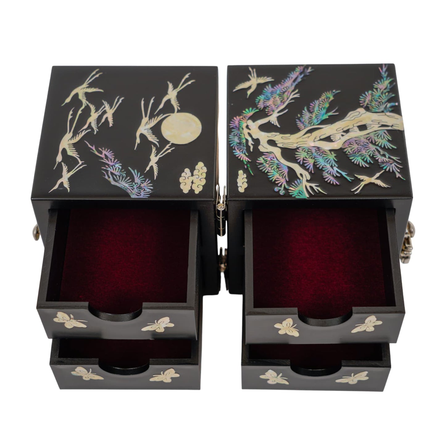 Open black lacquer jewelry box with red velvet interior and butterfly inlay drawers