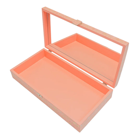 Open coral jewelry box with mirror and smooth lacquer finish