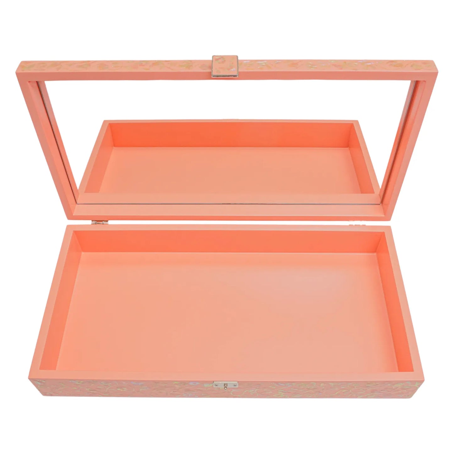 Open green jewelry box with coral interior and mirror