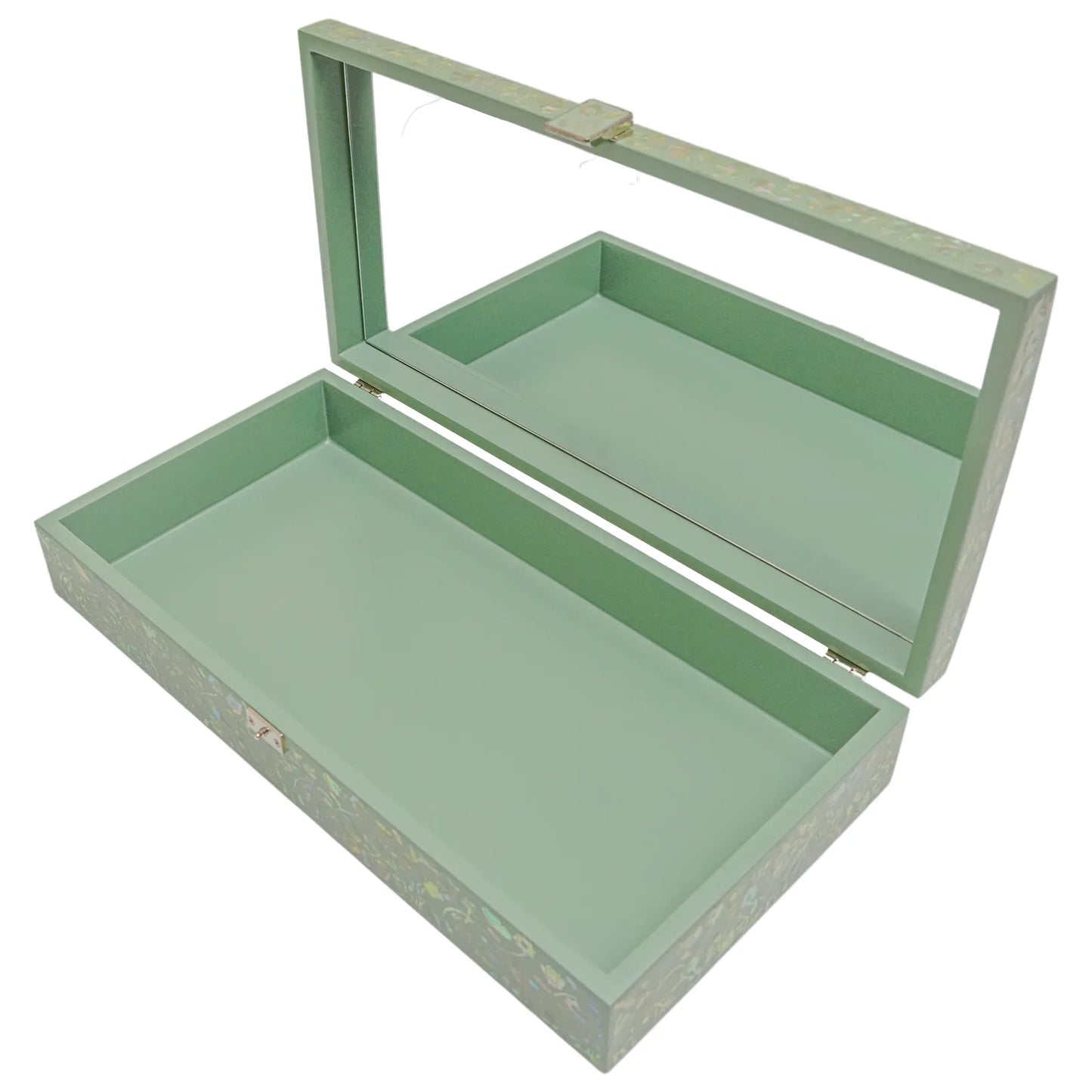 Open green jewelry box with mirror and spacious interior