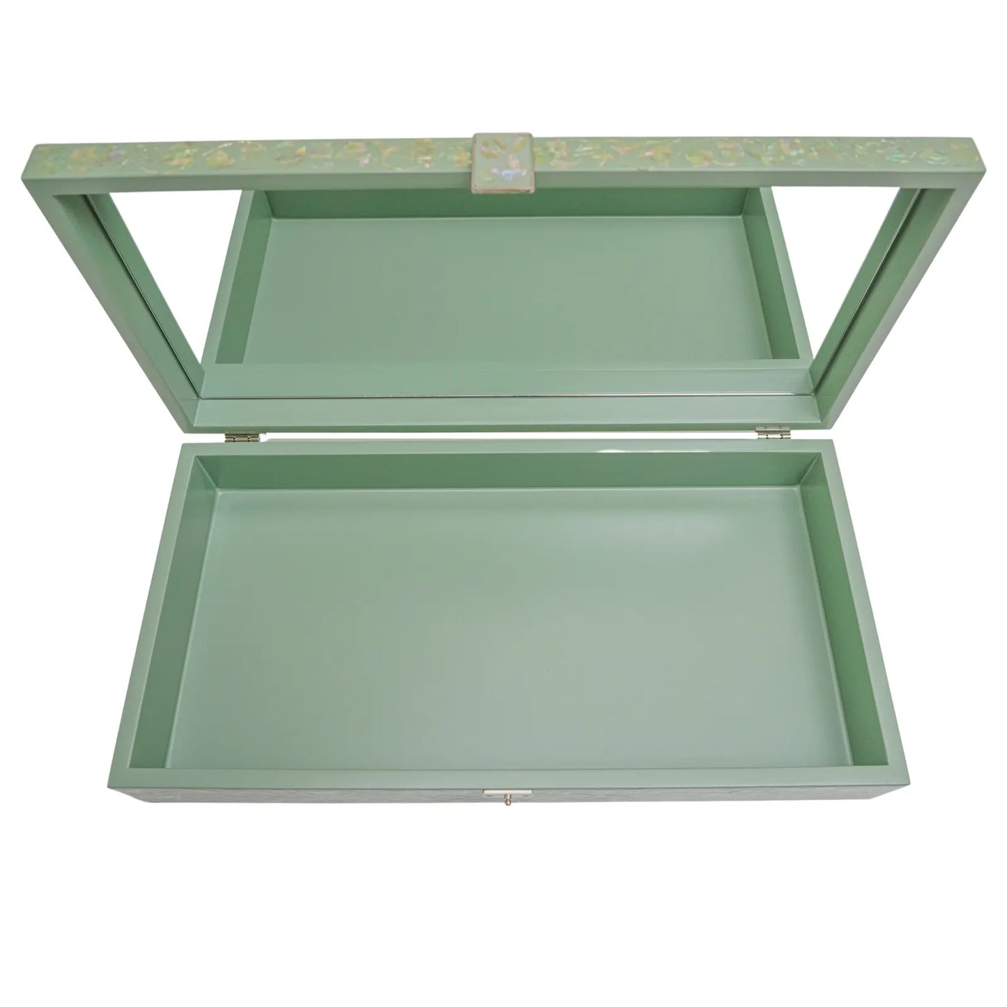 Open green lacquer box with interior mirror and spacious single compartment