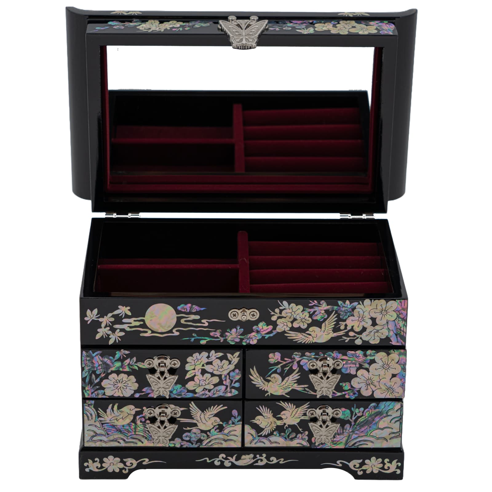 Open jewelry box with mirror, velvet-lined compartments, and mother-of-pearl exterior designs.