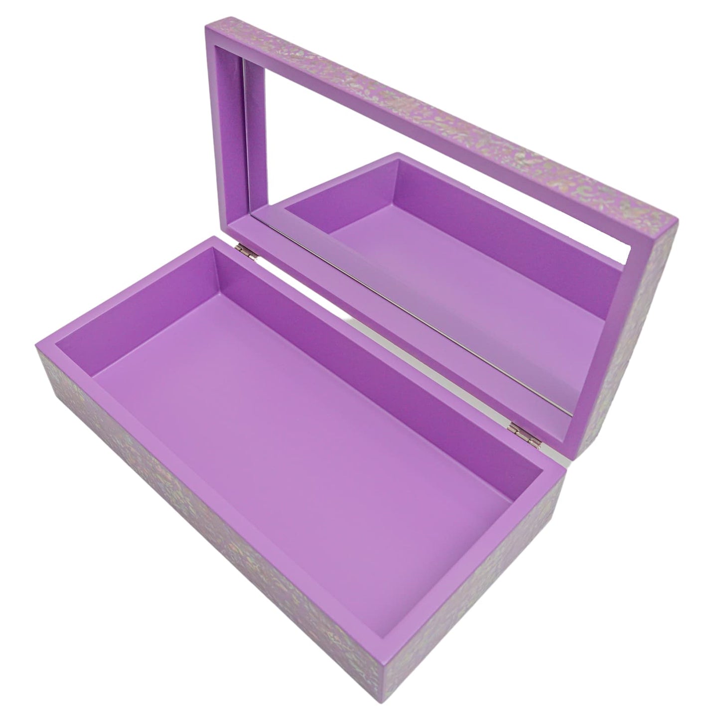 Open purple jewelry box with mirror and large single compartment