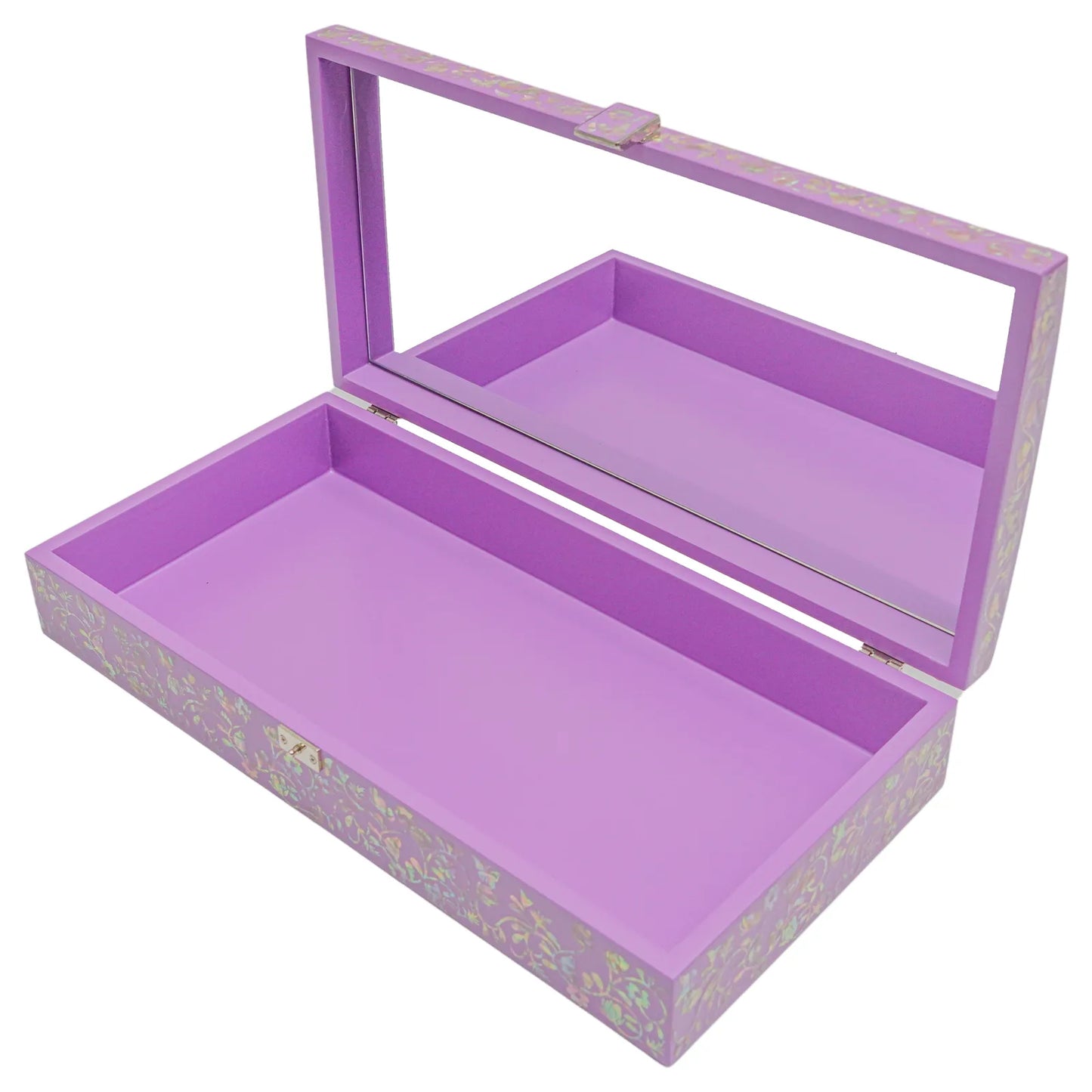 Open purple jewelry box with mirror and spacious interior
