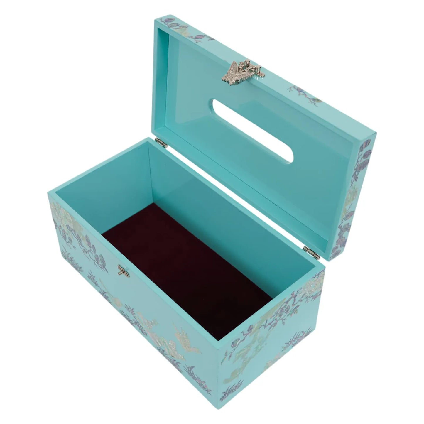Open turquoise tissue box with butterfly clasp and burgundy velvet lining