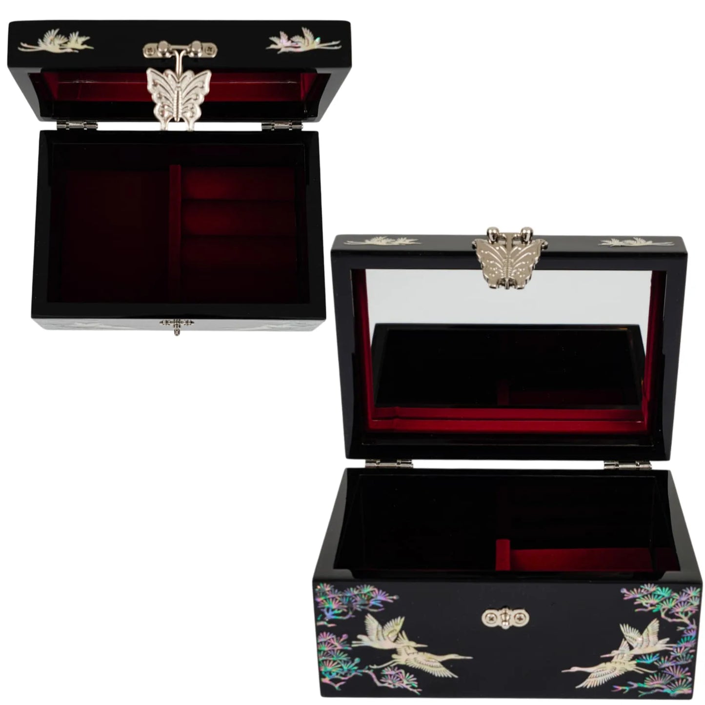 Open view of black jewelry box with red velvet lining, mirror, and crane inlays