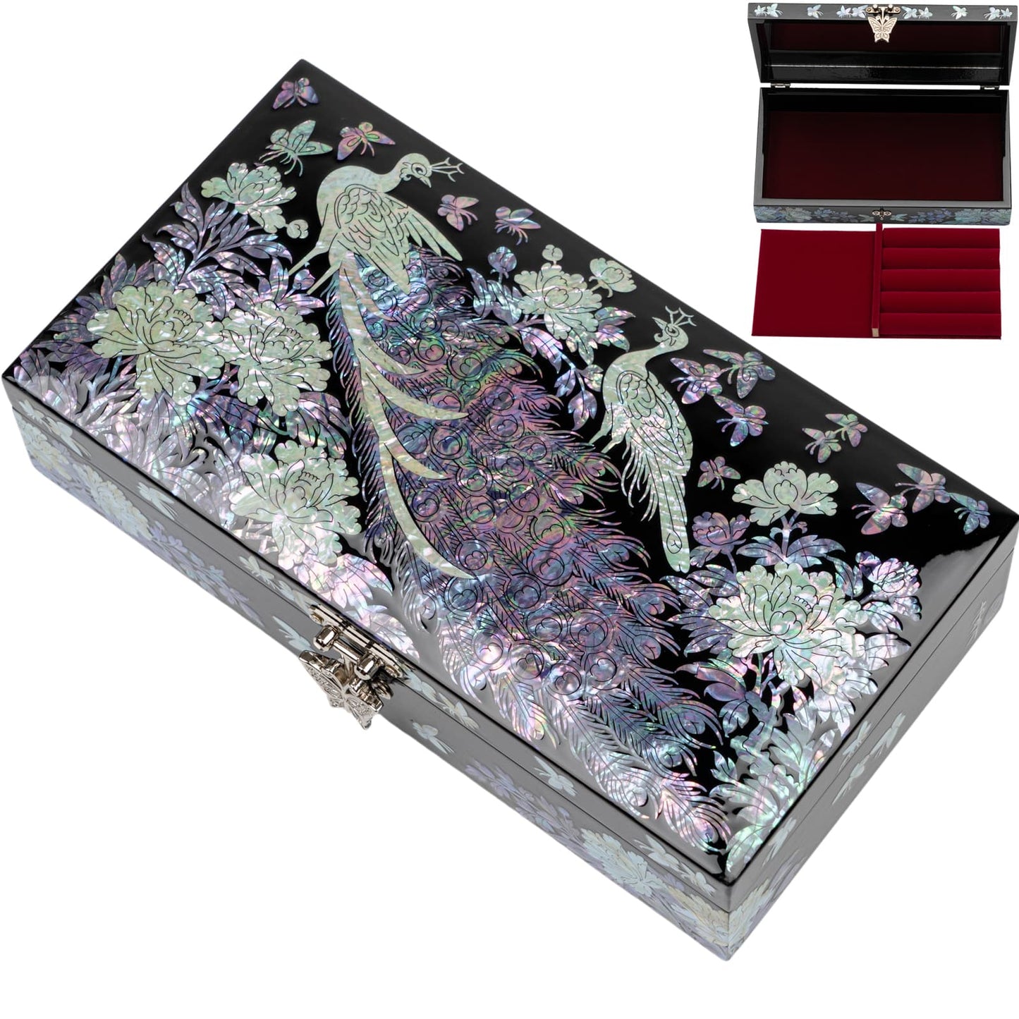 A black jewelry box adorned with a vibrant mother of pearl inlay showcasing a peacock and floral design, featuring a velvet-lined interior.