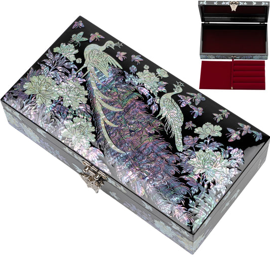 A black jewelry box adorned with a vibrant mother of pearl inlay showcasing a peacock and floral design, featuring a velvet-lined interior.