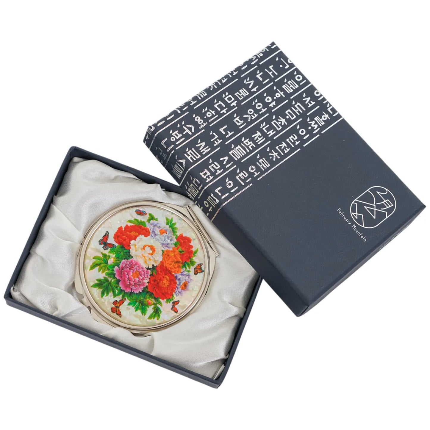 Peony inlaid compact mirror in Korean script gift box with satin lining