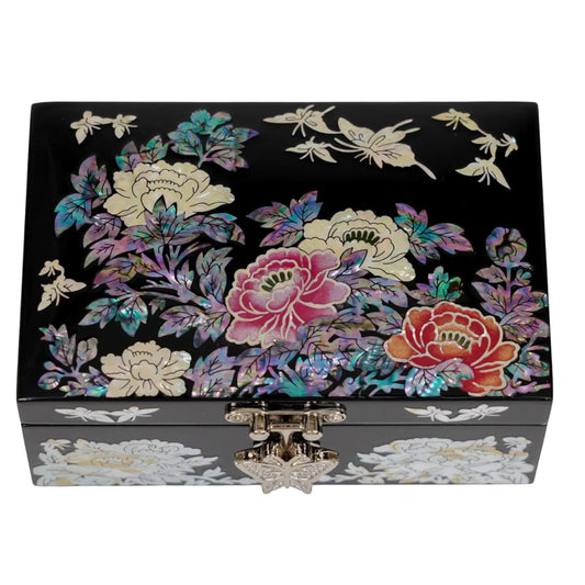 Peony mother of pearl jewelry box, black lacquer with pink and red peonies, inset showing red velvet