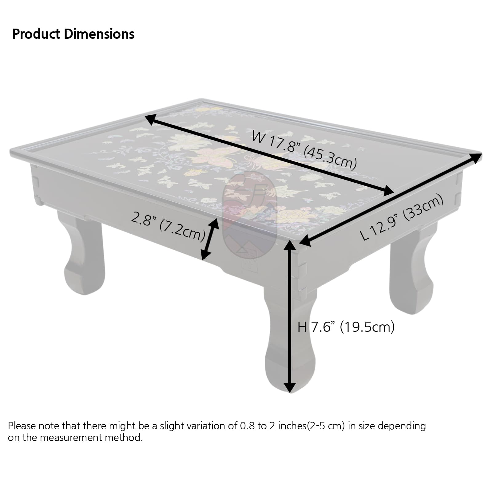Product dimensions of a lacquered tray with butterfly and floral design 17.8W x 12.9L x 7.6H.