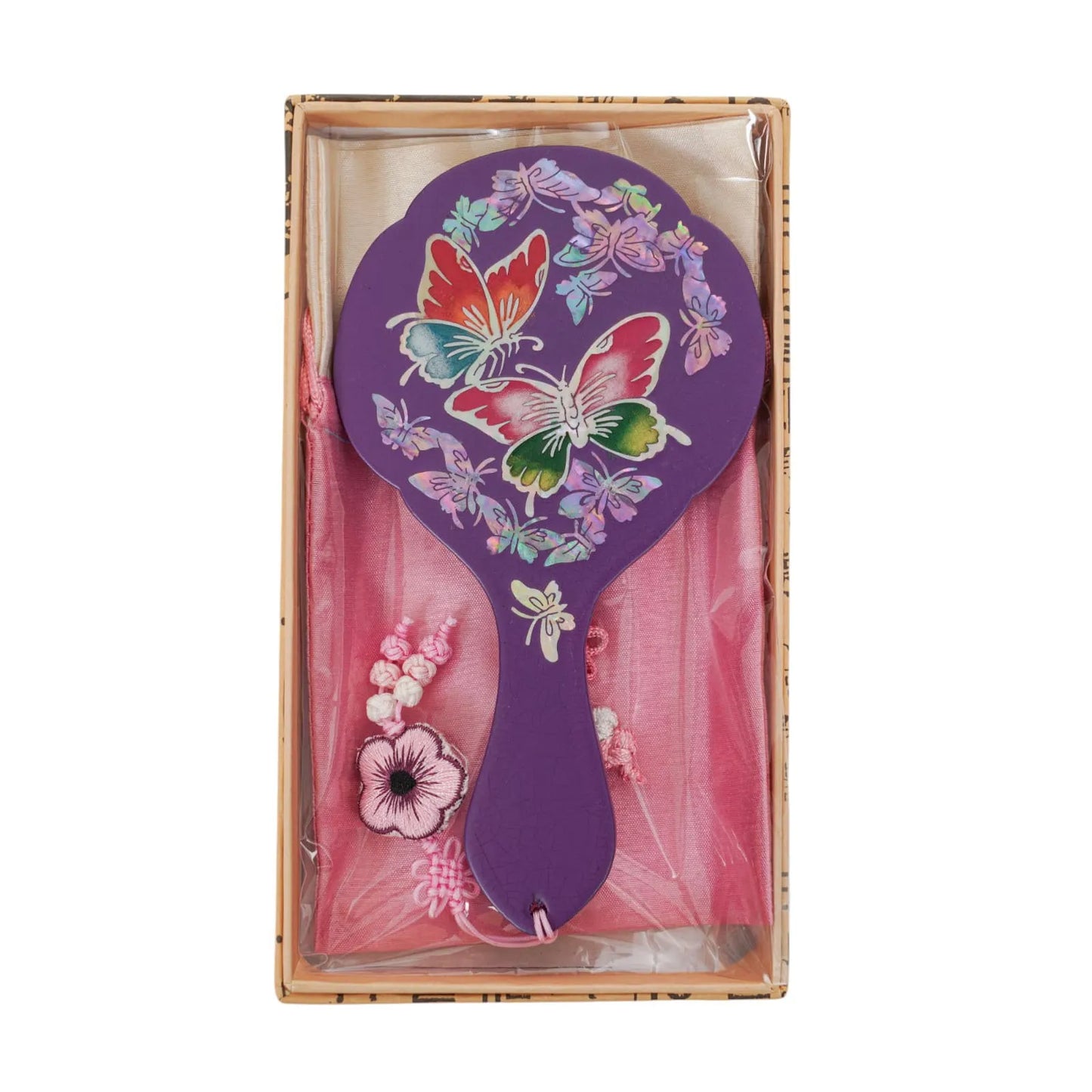 Purple hand mirror with butterfly design in gift box with embroidered pink pouch