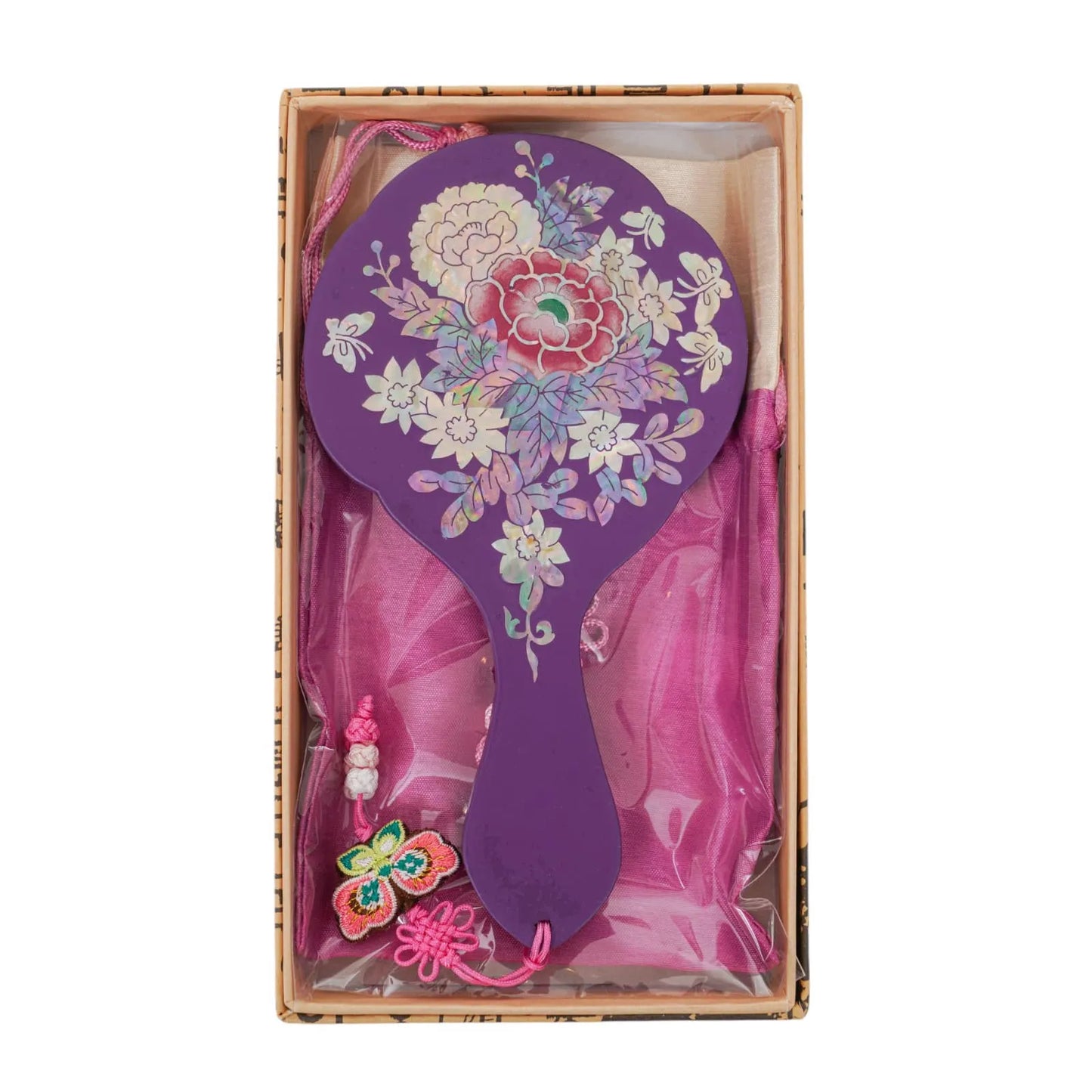 Purple hand mirror with floral mother-of-pearl inlay in gift box with pink pouch