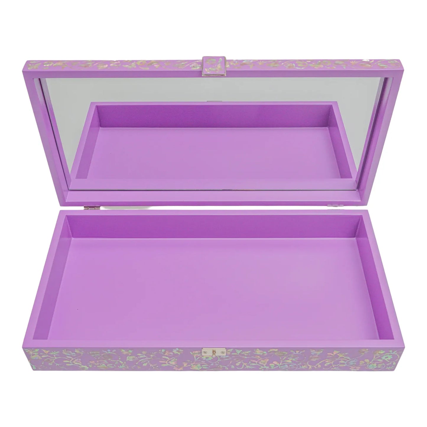 Purple jewelry box interior with mirror lid and smooth finish