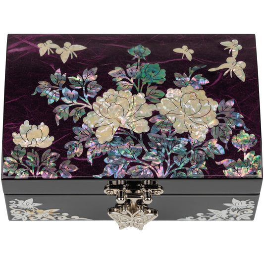 Purple lacquer jewelry box featuring peonies and butterflies in mother-of-pearl
