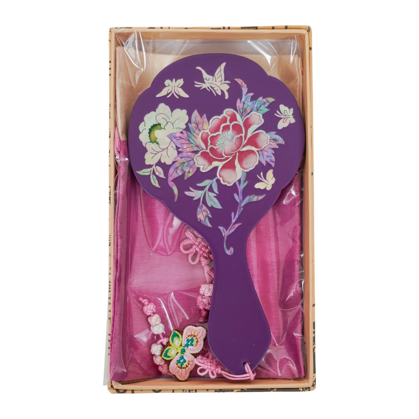 Purple mirror with butterfly and peony design in gift box with pink fabric pouch