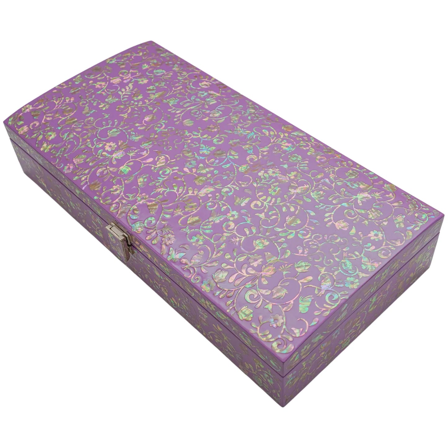 Purple mother-of-pearl floral lacquer box with glossy finish and intricate inlay design