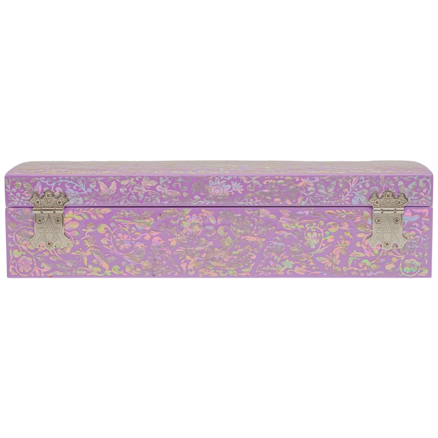 Rectangular purple jewelry box with floral mother-of-pearl inlay and antique silver clasp