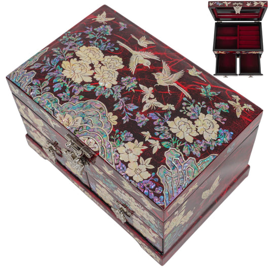 Red jewelry box with floral and bird inlay, includes inset showing red velvet-lined compartments