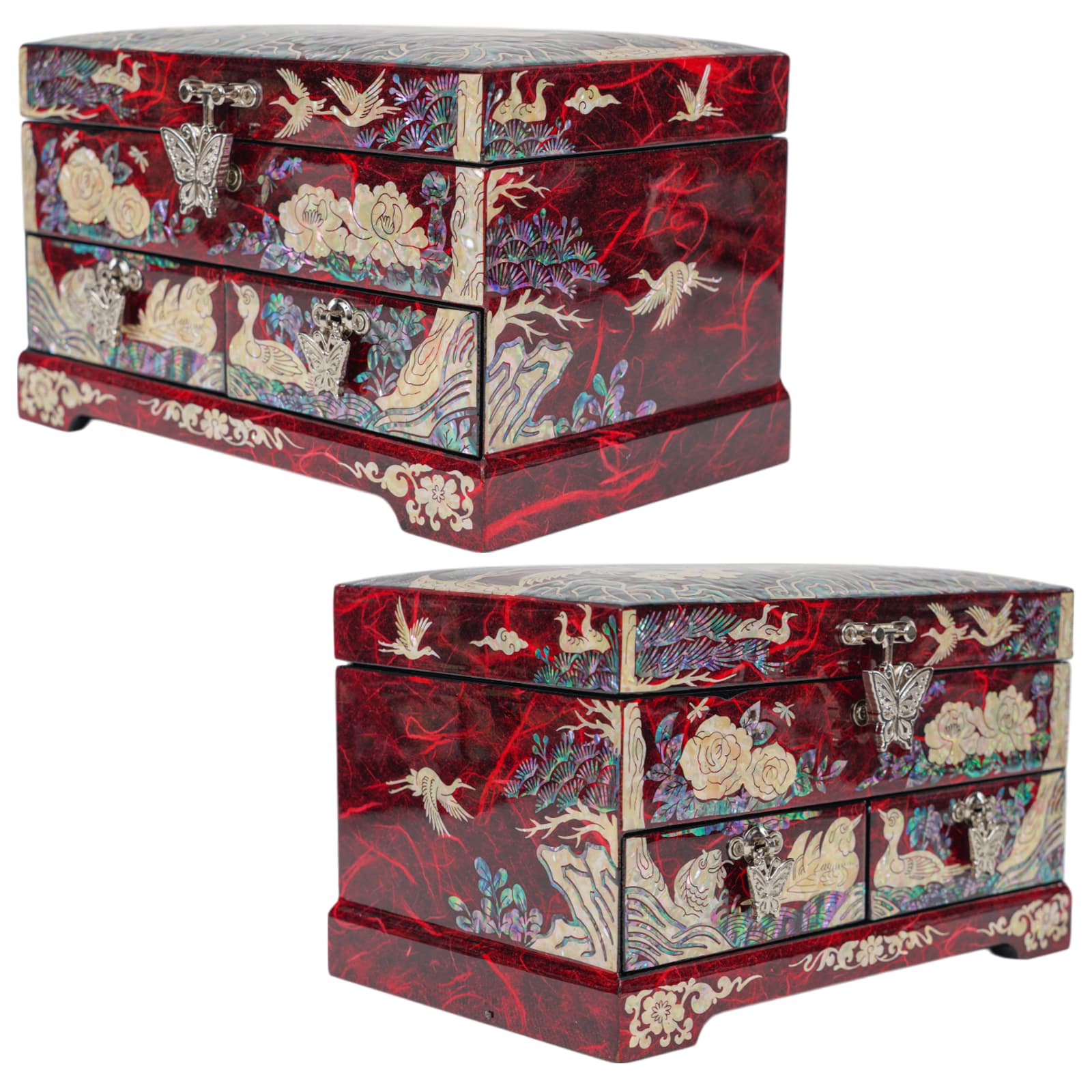 Red jewelry box with mother-of-pearl cranes, peonies, ducks, and pine tree on all sides