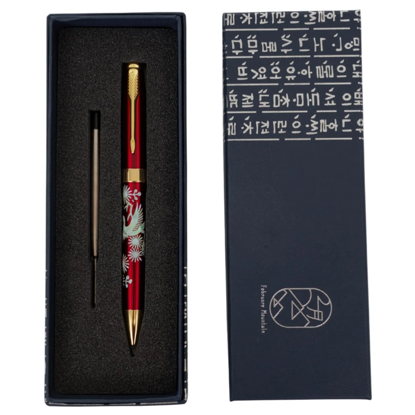 Red crane pen in gift box with refill, Korean script on lid