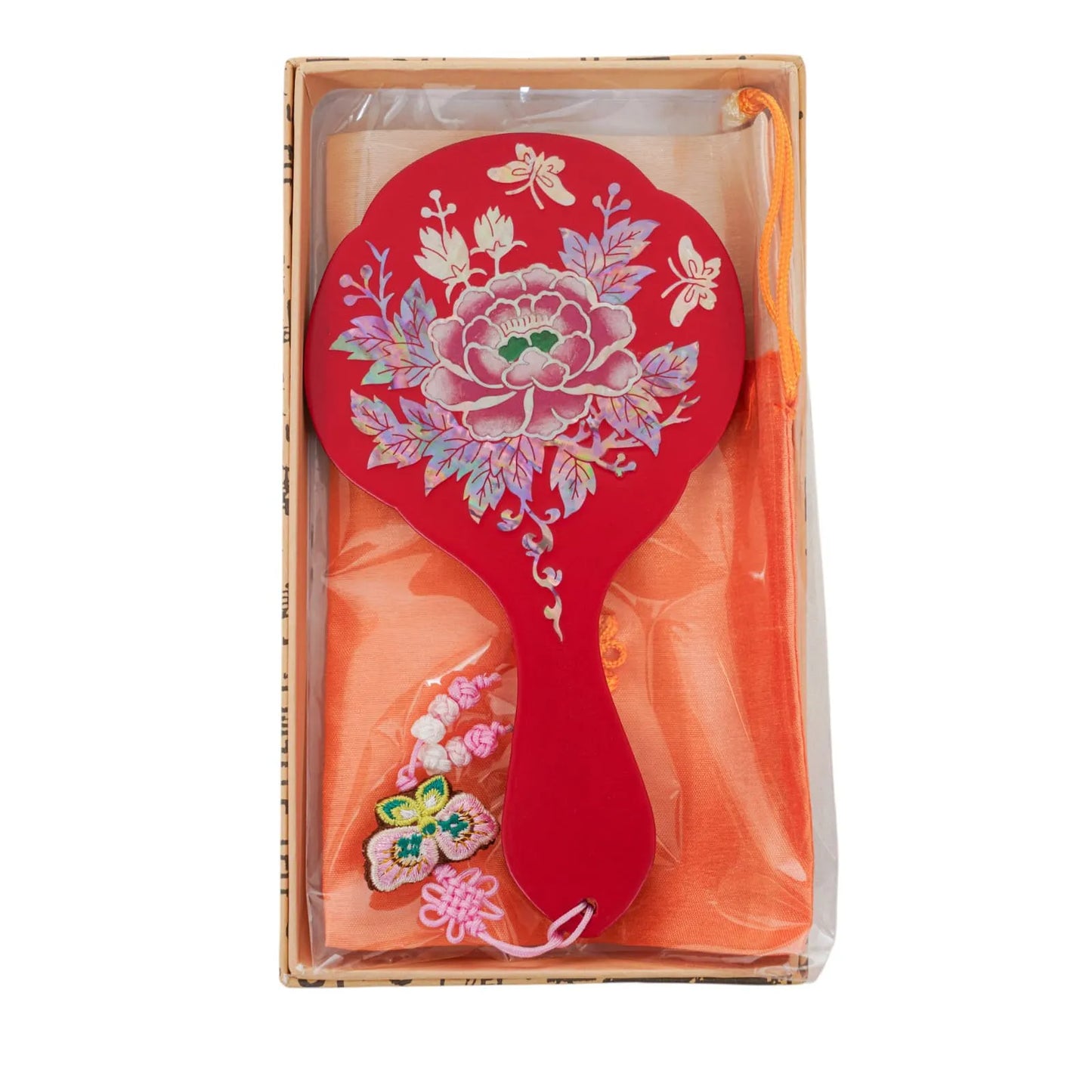 Red hand mirror with large peony and butterflies in gift box with orange pouch