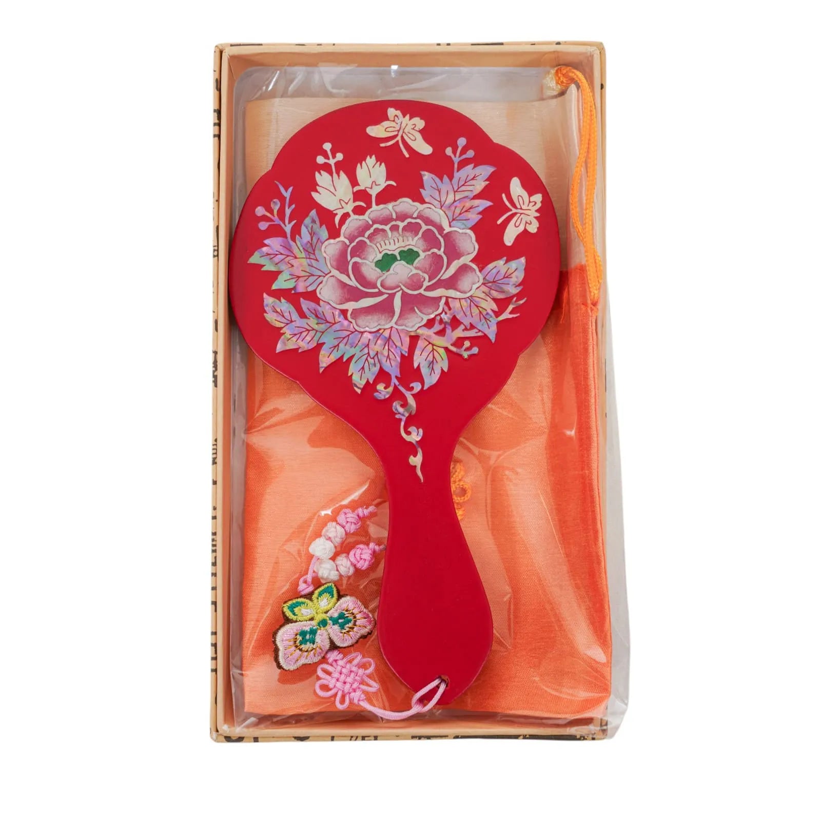 Red hand mirror with large peony and butterflies in gift box with orange pouch
