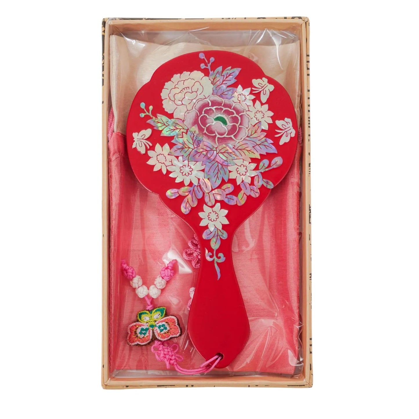 Red hand mirror with peony and butterfly design in gift box with pink pouch