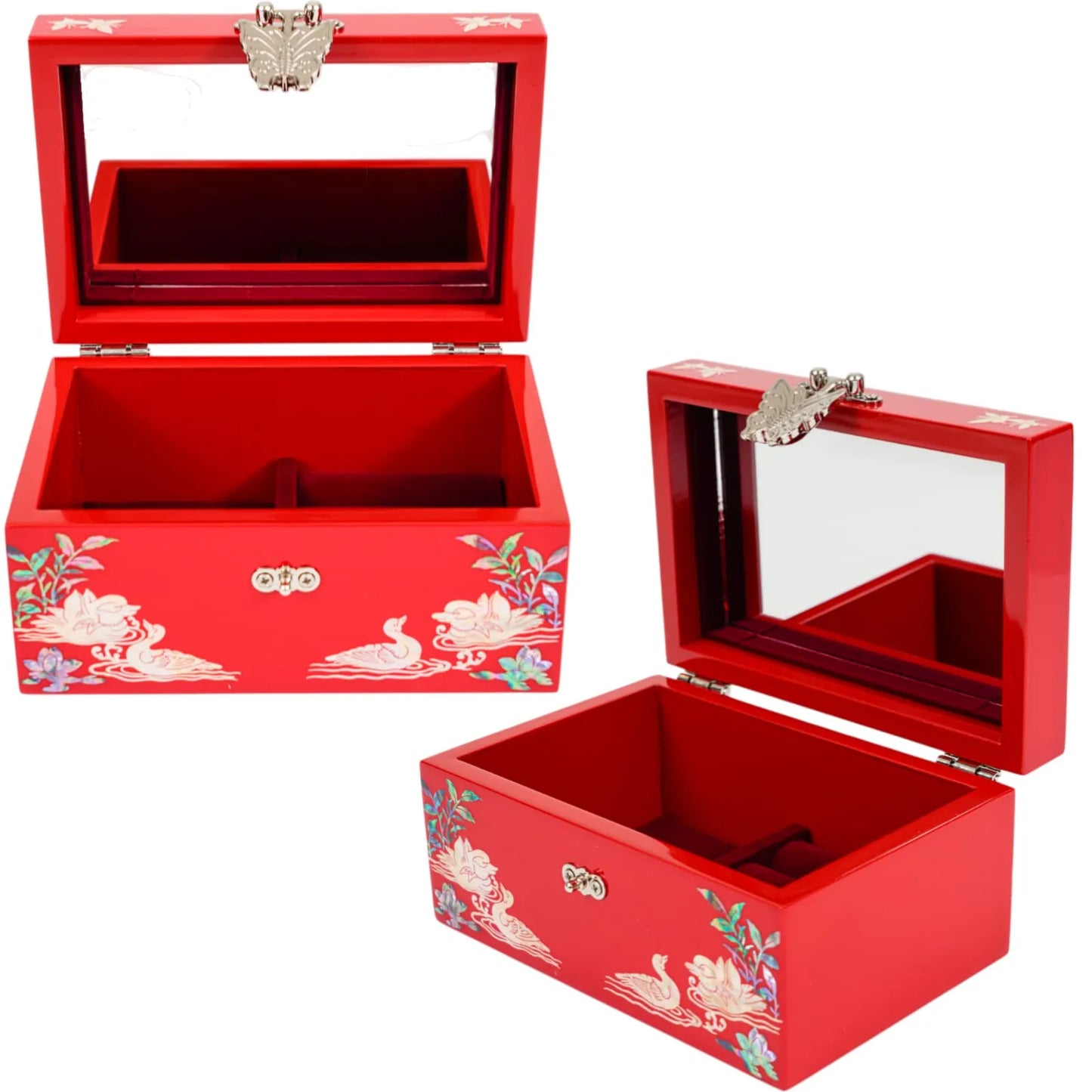 Red jewelry box open with mirror and swan inlay, velvet interior compartments visible