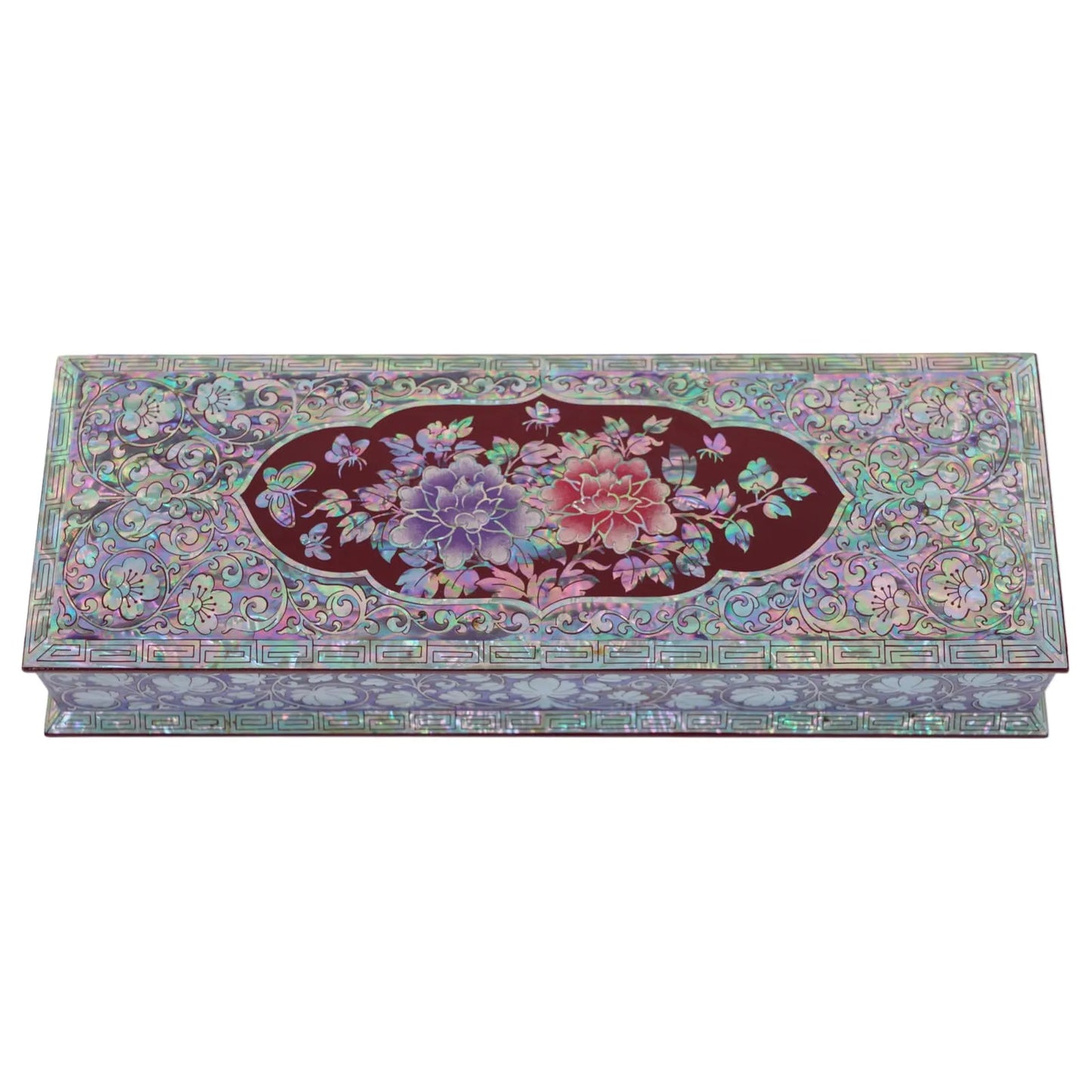 Red lacquer box with peony and butterfly inlay, framed with intricate floral designs