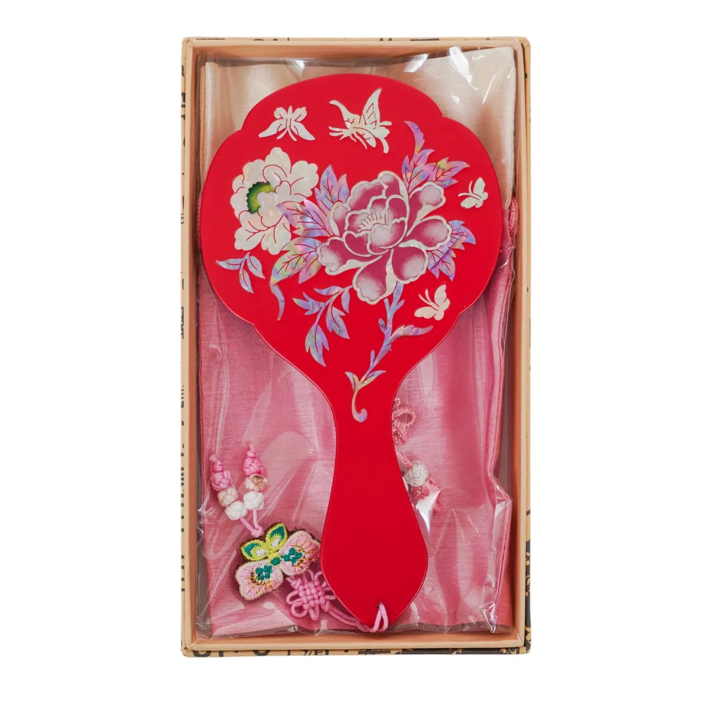 Red mirror with large mother-of-pearl peony inlay in gift box with light red pouch